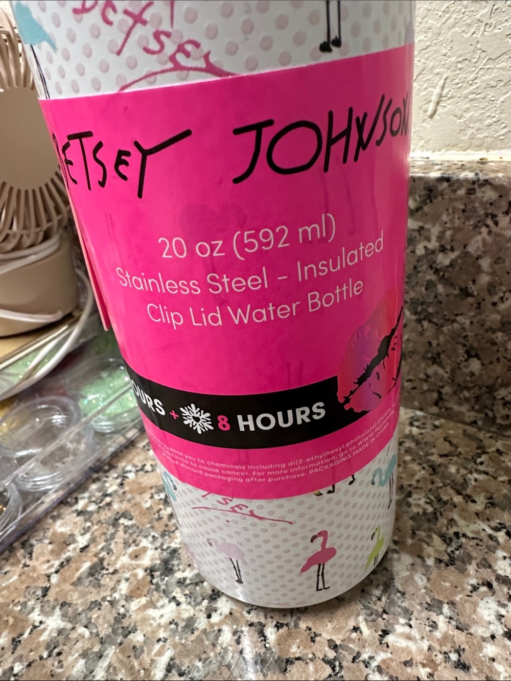 Betsey Johnson Pink Flamingo Insulated Water Bottle with Clip Handle 20. Oz - Picture 2 of 7